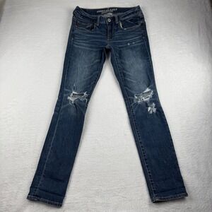 American Eagle Skinny Jeans Womens 6 Dark Wash Distressed Sequin Flap Pocket